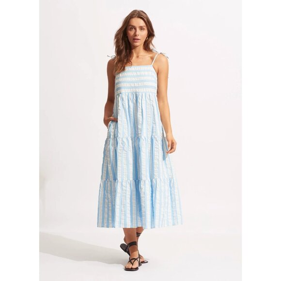 Seafolly Australia Cabana Tier Maxi Powder Blue White Striped Loose Fit Size‎ XL - Picture 1 of 9
